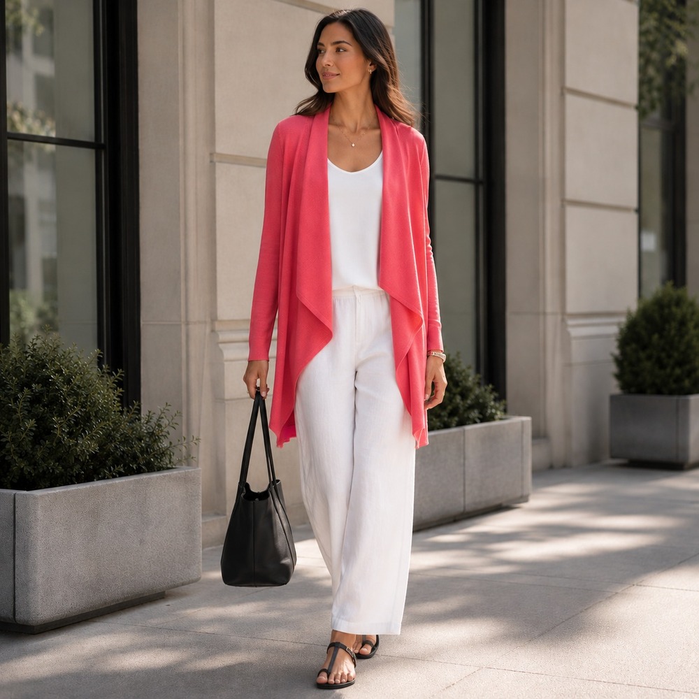 EILLEN FISHER Women's Open Cardigan LARGE Coral Drape Silk Organic Cotton